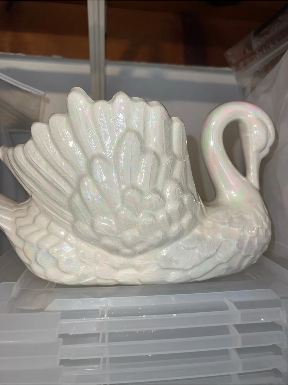 Vintage Iridescent Ceramic Swan Planter
